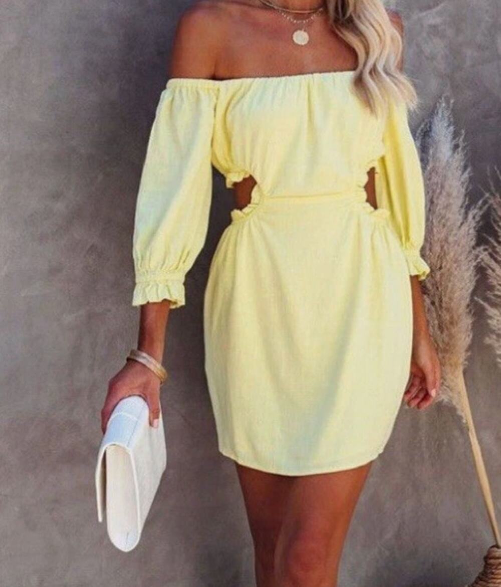 SKYLAR ROSE Dress Size L Linen Blend Cutout Off Shoulders Puff Sleeve Mini Dress